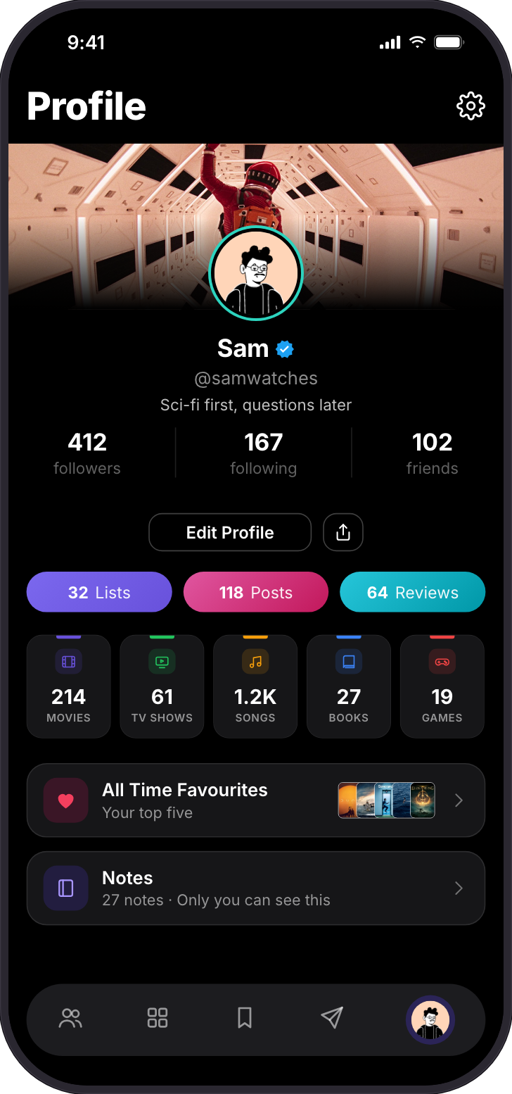 A Plus profile with a banner, accent colour, signature and blue tick